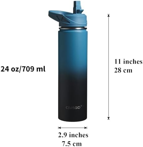 CIVAGO 24 oz Insulated Water Bottle With Straw, Stainless Steel Sports Water Flask Cup with 3 Lids (Straw, Spout and Handle Lid), Double Walled Travel Thermal Canteen Mug, Navy