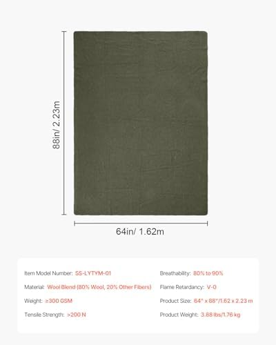 VEVOR Wool Camping Blanket, Large Warm Stadium Blanket, Flame Retardant, Great for Outdoors, Picnics, Hiking, Sports Events, Travel, Car & Bushcraft Survival Kits, 64" x 88", Army Green Wool Blankets