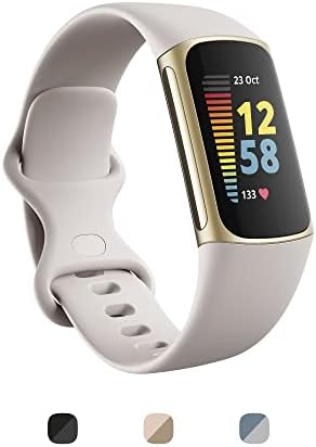 Fitbit Charge 5 Advanced Fitness & Health Tracker with Built-in GPS, Stress Management Tools, Sleep Tracking, 24/7 Heart Rate and More, Lunar White/Soft Gold, One Size (S &L Bands Included) (Renewed)