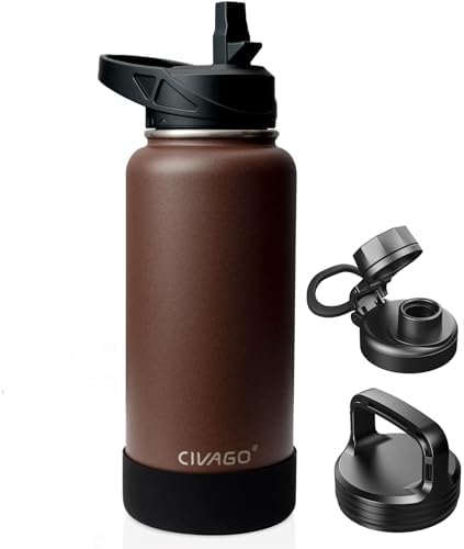 CIVAGO 32 oz Insulated Water Bottle With Straw, Stainless Steel Sports Water Cup Flask with 3 Lids (Straw, Spout and Handle Lid), Wide Mouth Travel Thermal Mug, Dark Brown