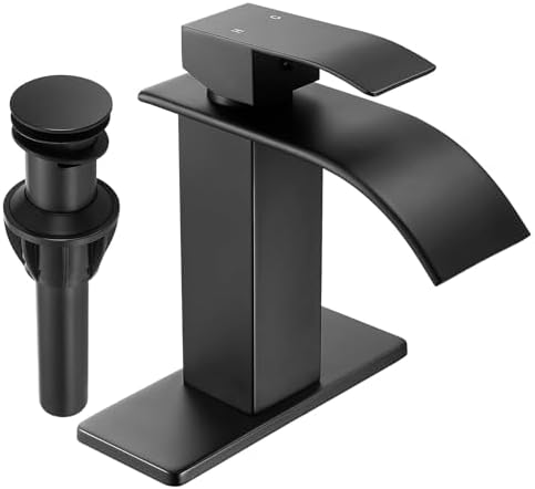 Fransiton Black Waterfall Bathroom Faucet Lavatory Single Handle 1 or 3 Hole Bathroom Sink Faucet Washbasin Faucet with Deck and Pop-up Drain