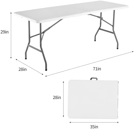 FWTI Deal 6 Feet Foldable Table, Built in Carrying Handle & Alloy Steel Legs, Heavy Duty Portable for Party, Dining, Wedding, Events, Picnic, Indoor, Outdoor, Camping, Utility, White