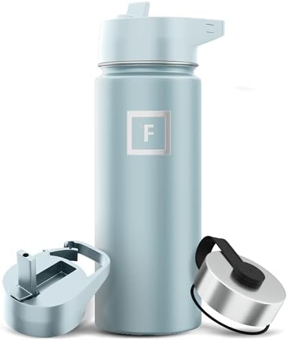 IRON °FLASK Camping & Hiking Hydration Flask with 3 Lids - Stainless Steel, Double Walled & Vacuum Insulated Water Bottle - Leak Proof & BPA Free (Morning Mist, Straw - 18 oz)
