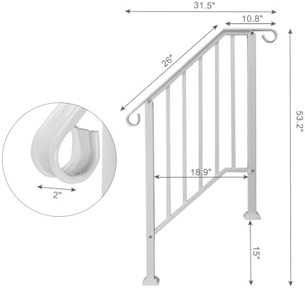 Outvita Handrails for Outdoor Steps, Wrought Iron Handrail Fits 2 or 3 Steps, Transitional Handrail with Installation Kit, Stair Railing for Concrete Steps or Wooden Stairs(White)