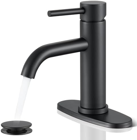 Black Bathroom Faucet, WINKEAR Single Hole Bathroom Faucet with Pop-up Drain and Flexible Hoses, Single Handle Faucet for Bathroom Sink, Vanity, RV, Modern Farmhouse, Suitable for 1 Hole or 3 Hole