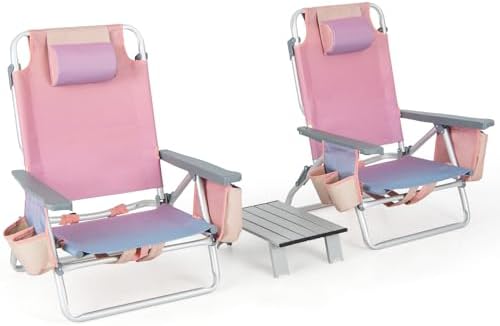 Goplus Beach Chair, Folding Backpack Beach Chairs for Adults with 5 Positions, Head Pillow, Cooler Bag, Towel Bar, Cup Holders, Sunbath Sling Tanning Lounge, Foldable Layout Camping Chairs