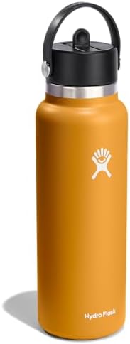 HYDRO FLASK Wide Mouth vacuum insulated stainless steel water bottle with leakproof closeable straw lid for cold water drinks, sports, travel, car and school