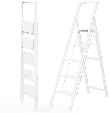 WOA WOA 5 Step Ladder, Ladders for Home, Anti-Slip Pedals, Aluminum Step Stool Foldable, Lightweight to Move, Ease of Storage, Reach 10ft for Closet Kitchen Library, Hold 300lbs - White