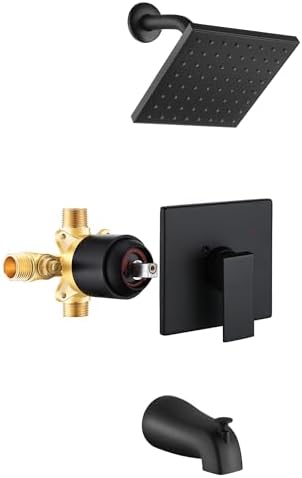 Esnbia Tub Shower Faucet Set (Valve Included) with 6-Inch Rain Shower Head and Tub Spout, Black Shower Head and Handle Set,Single-Handle Tub and Shower Trim Kit, Matte Black