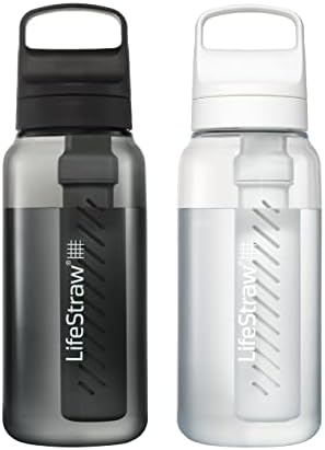 LifeStraw Go Series – BPA-Free Water Filter Bottle for Travel and Everyday use removes Bacteria, parasites and microplastics, Improves Taste, 1L 2-Pack; Nordic Noir and Clear