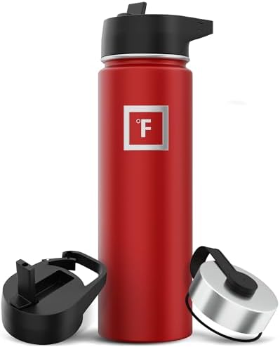 IRON °FLASK Camping & Hiking Hydration Flask with 3 Lids - Stainless Steel, Double Walled & Vacuum Insulated Water Bottle - Leak Proof & BPA Free (Fire Red, Straw - 22 oz)