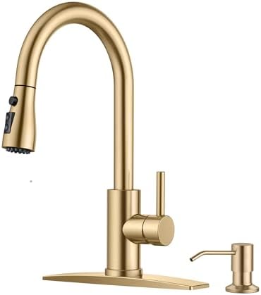 FORIOUS Gold Kitchen Faucet with Soap Dispenser and Pull Down Sprayer, High Arc Single Handle Classic 3 Modes Stainless Steel Faucet for Kitchen Sink Farmhouse RV Bar Laundry Camper