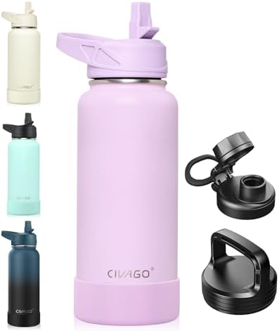 CIVAGO 32 oz Insulated Water Bottle With Straw, Stainless Steel Sports Water Cup Flask with 3 Lids (Straw, Spout and Handle Lid), Wide Mouth Travel Thermal Mug, Lavender