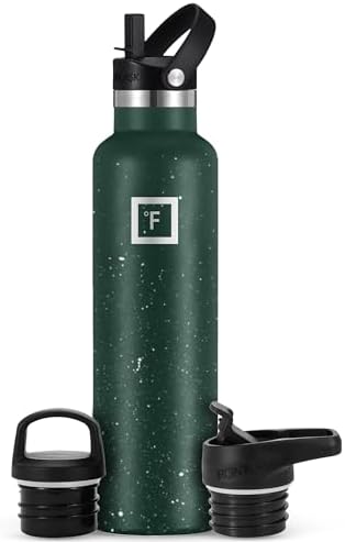IRON °FLASK Camping & Hiking Hydration Canteens - 3 Lids (Narrow Straw Lid) Leak Proof Vacuum Insulated Stainless Steel - Hot & Cold Double Walled Sports Water Bottle - Dark Pine Speckle, 24 Oz