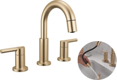 Delta Nicoli Brushed Gold Bathroom Faucet with Sprayer, 8 Inch 3 Hole Widespread Bathroom Sink Faucet with Pull Out Sprayer, Push-Pop Drain, Champagne Bronze 35749LF-CZPD