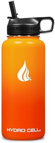 HYDRO CELL Stainless Steel Insulated Water Bottle with Straw - For Cold & Hot Drinks - Metal Vacuum Flask with Screw Cap and Modern Leakproof Sport Thermos for Adults (Red/Orange 32oz)