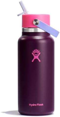 HYDRO FLASK Wide Mouth vacuum insulated stainless steel water bottle with leakproof closeable straw lid for cold water drinks, sports, travel, car and school