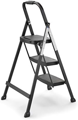 Rubbermaid 3-Step Steel Ladder, Folding Step Stool with Hand Grip and Non-Slip Feet, Black, Tested to ANSI US Safety Standards, No Assembly Required