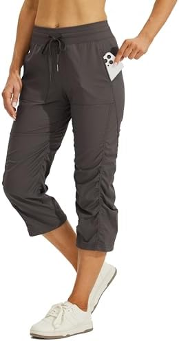 Willit Women's Quick-Dry Capris Hiking Travel Pants Striped Woven Workout Pants with Pockets Lightweight
