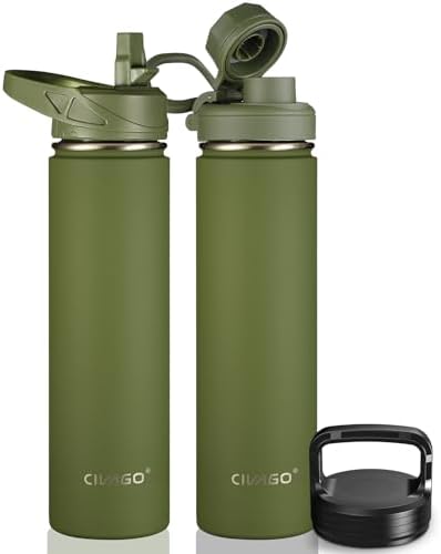 CIVAGO 24 oz Insulated Water Bottle With Straw, Stainless Steel Sports Water Flask Cup with 3 Lids (Straw, Spout and Handle Lid), Double Walled Travel Thermal Canteen Mug, Army Green