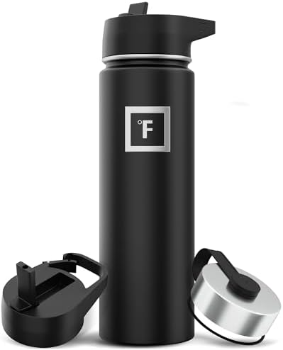 IRON °FLASK Camping & Hiking Hydration Flask with 3 Lids - Stainless Steel, Double Walled & Vacuum Insulated Water Bottle - Leak Proof & BPA Free (Midnight Black, Straw - 22 oz)