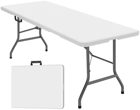 FWTI Deal 6 Feet Foldable Table, Built in Carrying Handle & Alloy Steel Legs, Heavy Duty Portable for Party, Dining, Wedding, Events, Picnic, Indoor, Outdoor, Camping, Utility, White