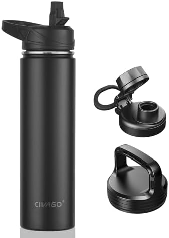 CIVAGO 24 oz Insulated Water Bottle With Straw, Stainless Steel Sports Water Flask Cup with 3 Lids (Straw, Spout and Handle Lid), Double Walled Travel Thermal Canteen Mug, Black