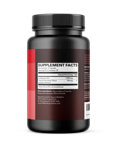L-Arginine 1800mg and Pine Bark Extract 100mg - Nitric Oxide Supplement for Men - Performance Supplement for Men's Health - 90 Count - Endurance, Recovery Support - Vegan, Non-GMO Capsules