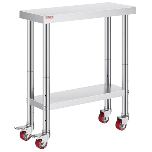 VEVOR Stainless Steel Work Table 30 x 12 x 34 Inch, 700 LBS Load Capacity with 4 Wheels, 3 Adjustable Height Levels, Heavy Duty Food Prep Worktable for Commercial Kitchen Restaurant, Silver