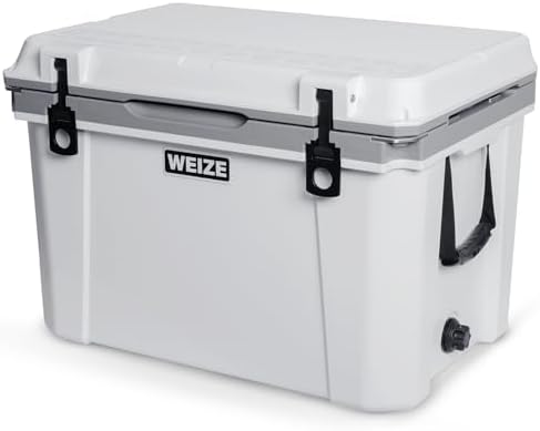 WEIZE Ultra-Light 55 Quart Hard Cooler Insulated Portable Ice Chest Box with Bottle Opener, Keeps Cold up to 8 Days for Beach, Drink, Beverage, Camping, Picnic, Fishing, Boat, Barbecue, White