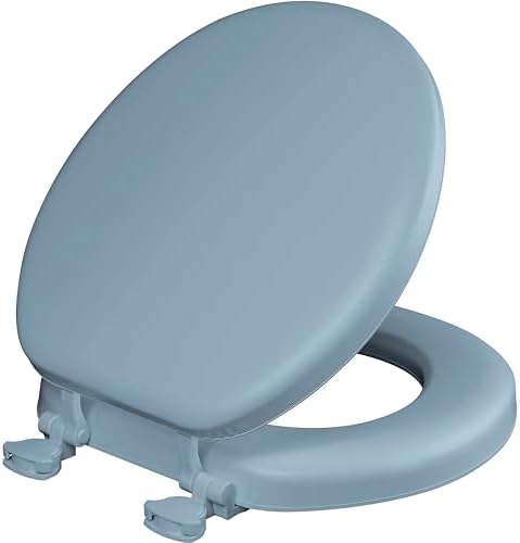 Mayfair Padded Toilet Seat, Cushioned Soft Vinyl over Wood Core Seat, Secure Hinges, Easy Clean, Round, Sky Blue