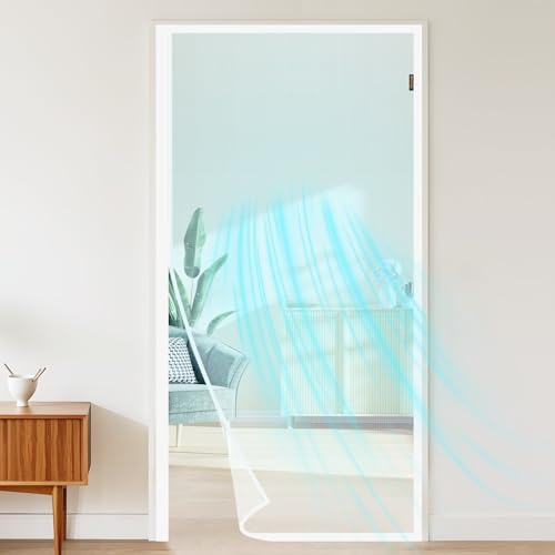 MAGZO Magnetic Screen Door Fits Door Size 36 x 80 Inches White, Screen Size 38 x 81 Inches Side Opening Polyester Screen Curtain for Patio Door