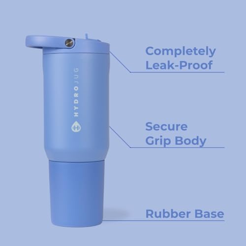HydroJug Sport - Stainless Steel Tumbler with Straw, Vacuum Insulated, 20oz Leakproof Water Bottle, Ergonomic Design, Reusable, Dishwasher Safe, Rubber Base, Durable for Gym or Outdoors, Light Blue