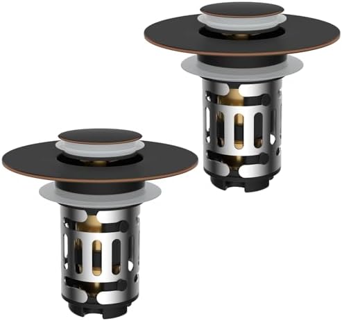 Hibbent 2 Pack 3 in 1 Bathroom Sink Drain Strainer, Pop Up Stopper with Removable Stainless Steel Filter Basket Hair Catcher, Sink Plug for 1.1''~2.36'' Basin, Brass Bullet Core, Oil Rubbed Bronze