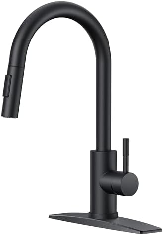 FORIOUS Black Kitchen Faucet with Pull Down Sprayer, High Arc Modern Classic Sink Faucet Stainless Steel with Deck Plate Fit for 1 or 3 Hole for Pot Filler Bar Farmhouse Laundry Rv