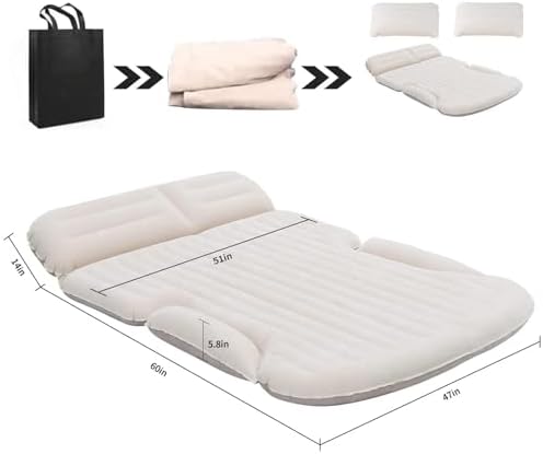 KMZ SUV Air Mattress Thickened and Double-Sided Flocking Travel Camping Bed with 2 Pillows & Electric Pump Dedicated Mobile Cushion Inflatable Bed for SUV Trunk and Rear Seat (Beige and Coffee)