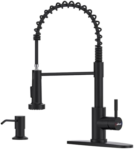 APPASO Black Kitchen Faucet with Soap Dispenser and Pull Down Sprayer, SUS304 Stainless Steel Commercial Single-Handle Spring Faucet for Kitchen Sink, Matte Black