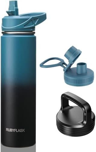 24oz Insulated Water Bottle with Straw, Stainless Steel Metal Vacuum Water Flask, Large Thermos Water bottle with Leakproof 3 Lids for Travel, Camping, Gym Sports Indigo Black