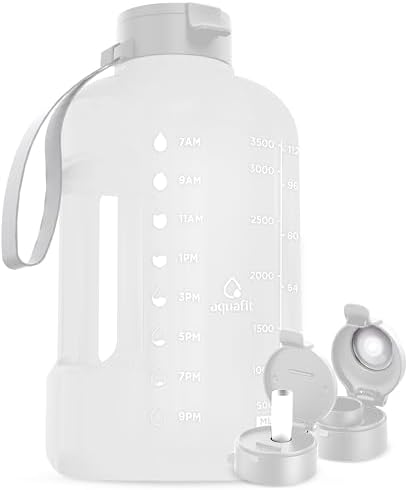 Aquafit 1 Gallon Water Bottle with Time Marker - Straw & Chug Lid - BPA Free Large Water Bottle with Straw - Gym Jug with Handle - 128 Ounces, Frosty