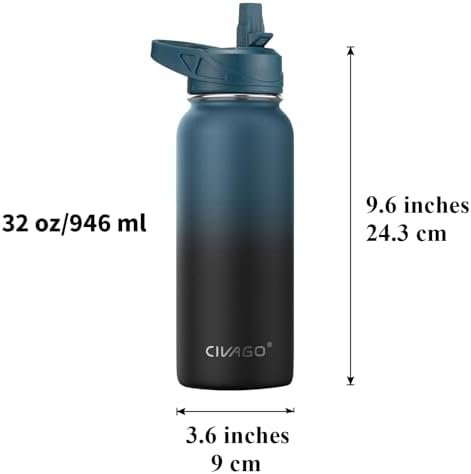 CIVAGO 32 oz Insulated Water Bottle With Straw, Stainless Steel Sports Water Cup Flask with 3 Lids (Straw, Spout and Handle Lid), Wide Mouth Travel Thermal Mug, Dark Night