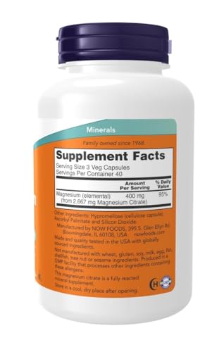 NOW Foods Supplements, Magnesium Citrate, Enzyme Function*, Nervous System Support*, 240 Veg Capsules
