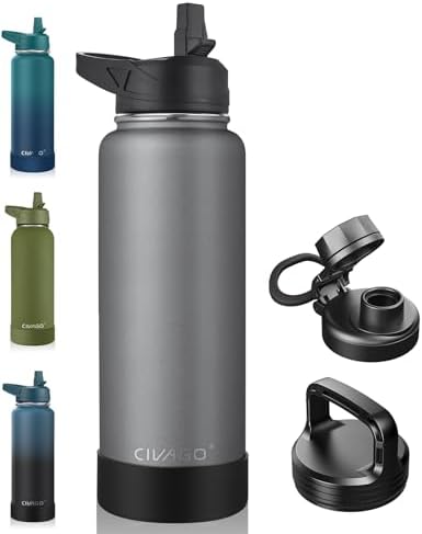 CIVAGO 40 oz Insulated Water Bottle With Straw, Stainless Steel Sports Water Flask Cup with 3 Lids (Straw, Spout and Handle Lid), Double Walled Travel Thermal Canteen Mug, Cool Gray