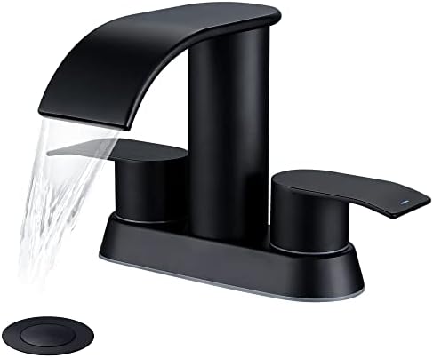 Ultimate Unicorn Waterfall Bathroom Sink Faucet Matte Black, Two Handles Bathroom Faucet with Metal Pop up Sink Drain Stopper, 2 or 3 Holes Bathroom Basin Lavatory Mixer Tap with Deck Mount Plate