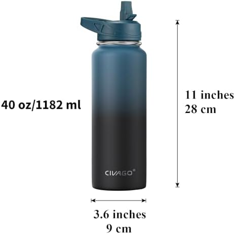 CIVAGO 40 oz Insulated Water Bottle With Straw, Stainless Steel Sports Water Flask Cup with 3 Lids (Straw, Portable Spout and Handle Lid), Double Walled Travel Thermal Canteen Mug, Cream