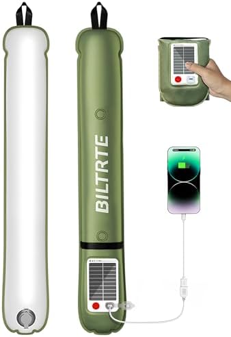 Solar Camping Lights Rechargeable, 3 Lighting Modes, IP66 Waterproof Inflatable Lamp for Hiking, Backpacking, Survival, Collapsible Tent Lights for Camping, Portable Lanterns for Power Outage