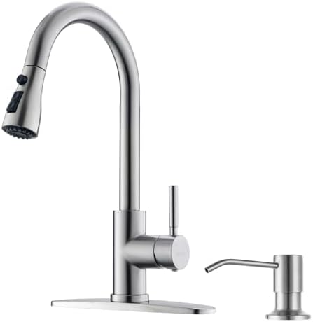 WEWE Kitchen Sink Faucet with Soap Dispenser, Kitchen Faucet with Pull Down Sprayer 3 Modes Stainless Steel Single Handle Single Hole Pull Out Brushed Nickel Faucet for Bar Laundry RV Utility Sink