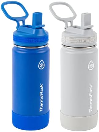 ThermoFlask Kids Bottle with Straw Lid - Durable & Dishwasher-Safe Water Bottles & Lids - Leak-Proof Bottle Lid Design - Reusable Water Bottles for Everyday Use - 16 oz, Blueberry/Wolf Grey (2 Pack)