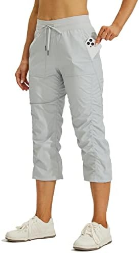 Willit Women's Quick-Dry Capris Hiking Travel Pants Striped Woven Workout Pants with Pockets Lightweight