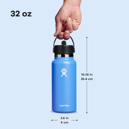 HYDRO FLASK Wide Mouth vacuum insulated stainless steel water bottle with leakproof closeable straw lid for cold water drinks, sports, travel, car and school