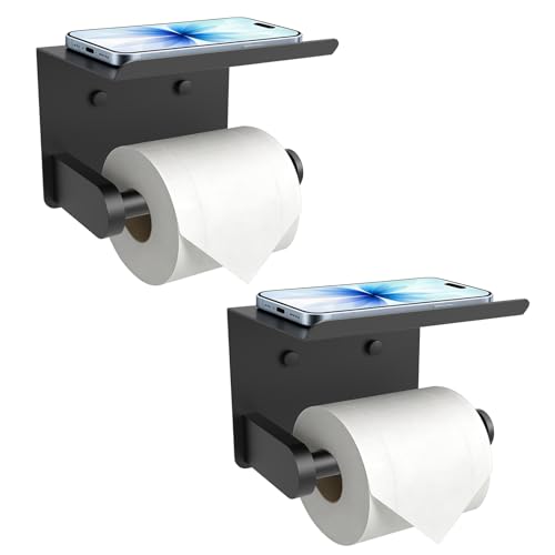 SetSail Toilet Paper Holder with Shelf Adhesive or Screw-in Bathroom Toilet Paper Roll Holders Wall Mount Matte Black Tissue Holder for Bathroom Hardware Accessories, 2 Packs